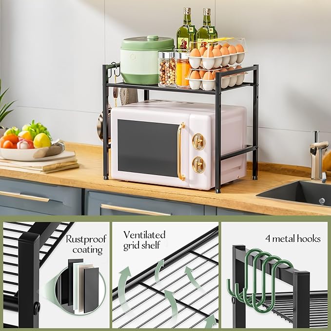 Microwave Stand Countertop, 2-Tier Adjustable Metal Oven Rack with 4 Hooks, Heavy Duty Carbon Steel Organizer Shelf for Microwave/Oven/Toaster, Kitchen Storage (White, 2-Tier)