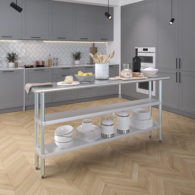 AmGood Stainless Steel Work Table with 2 Shelves | NSF | Metal Utility Table (72" Long x 14" Deep)