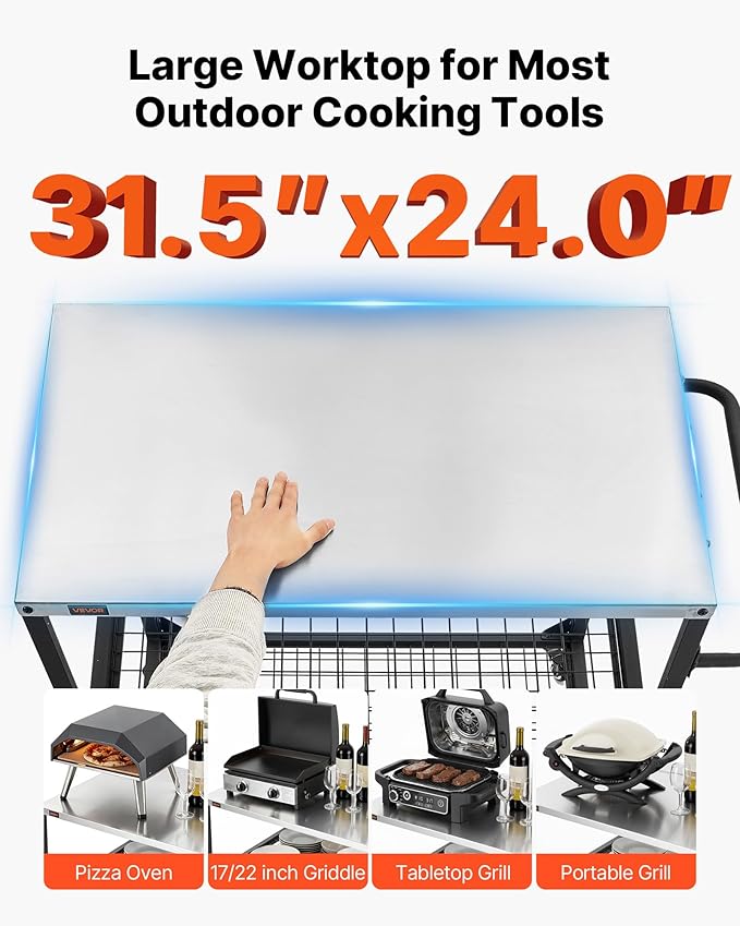 VEVOR Outdoor Grill Cart, 31.5 x 24.0 inch Stainless Steel Tabletop Size Grilling Table, Outdoor Cooking Table with 4 Wheels & Side Handle, Two Mesh Shelves, BBQ Prep Tables for Patio, Garden