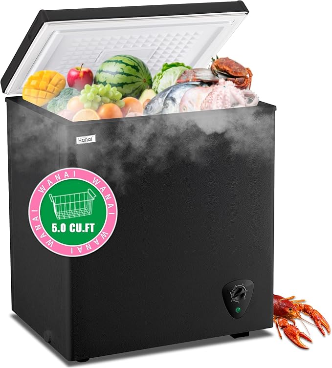 Deep Freezer WANAI 5.0 Cubic Chest Freezer with Top Open Door and Removable Storage Basket, 7 Gears Temperature Control, Energy Saving, Ideal for Office Dorm or Apartment