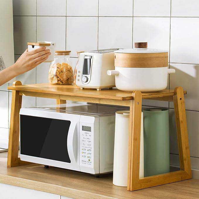 2 Tier Wooden Microwave Stand - Countertop Rack for Microwave Oven, Toaster, and Kitchen Appliances - Ideal for Condiments and Storage Solutions
