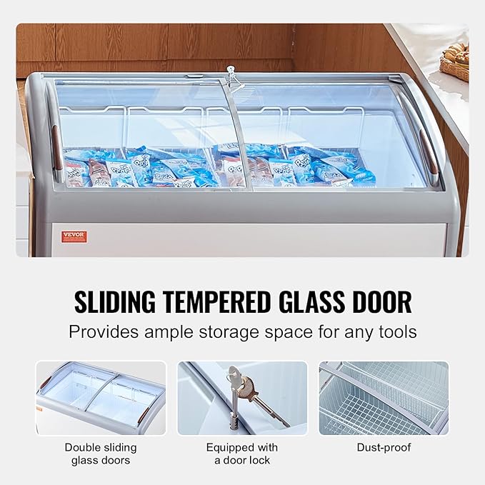 VEVOR Commercial Ice Cream Display Case, 12.8 Cu.ft Chest Freezer, Mobile Glass Top Deep Freezer, Restaurant Gelato Dipping Cabinet with 4 Wire Baskets, 2 Sliding Glass Doosr, Locking Casters, White