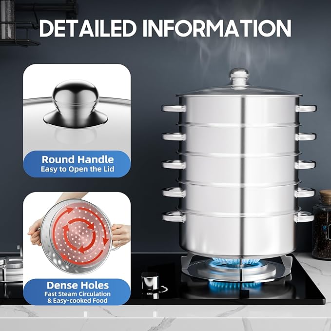 5 Tier Stainless Steel Steamer Cooker, 28cm Steam Pot Kitchen Food Cooking + Glass Lid Meat Vegetable Cooking Steam Pot Kitchen Cookware Food Steamer for Home Kitchen
