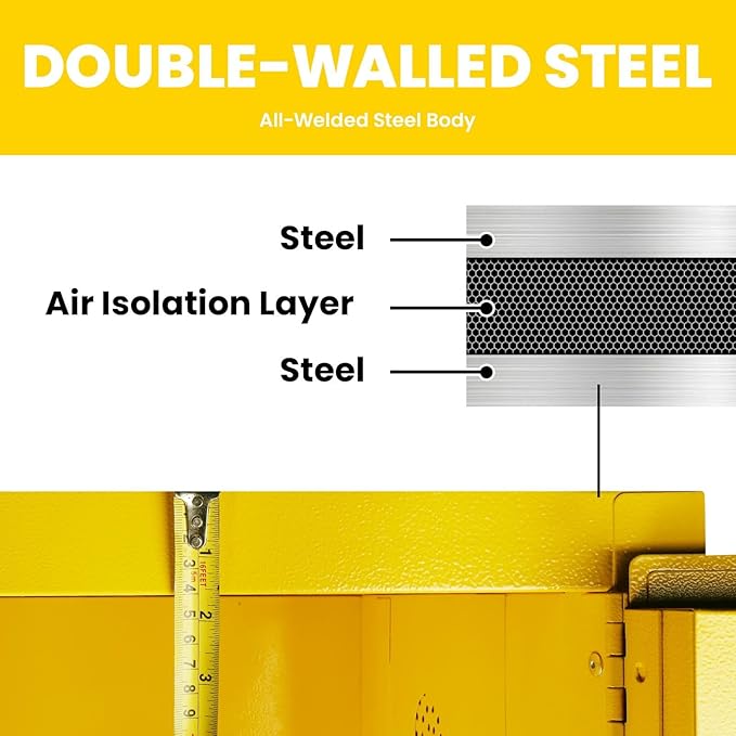 Flammable Storage Cabinet 60 Gallon Yellow, Galvanized Steel Large-Capacity Hazardous Storage Cabinet, Dual Vents & 3-Point Lock for Warehouses, Industrial Use & Residential Garages