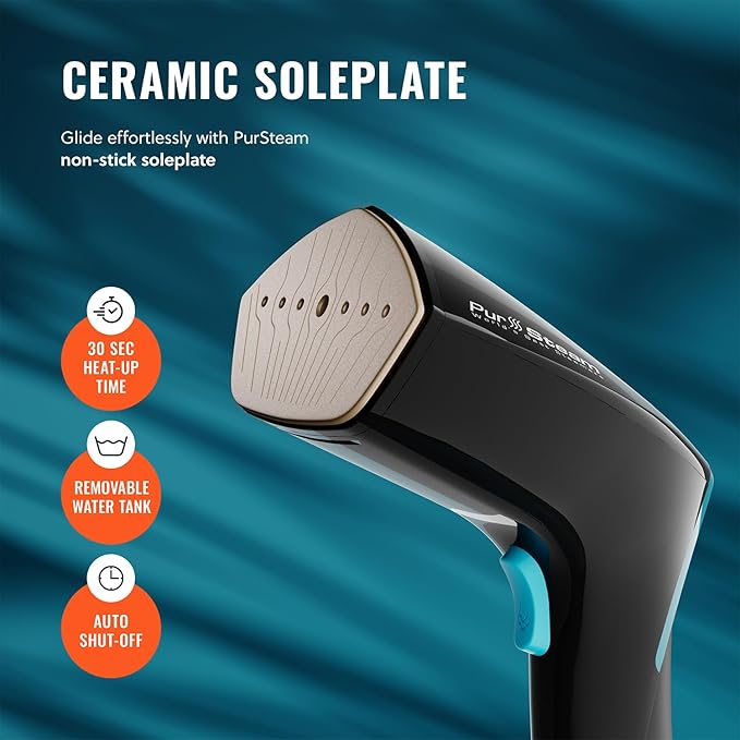 PurSteam Handheld Garment Steamer for Clothes – Powerful Wrinkle Remover with 3 Steam Settings, Large Removable Water Tank, and Fast Heat-Up – Portable Fabric Steamer for Home & Travel