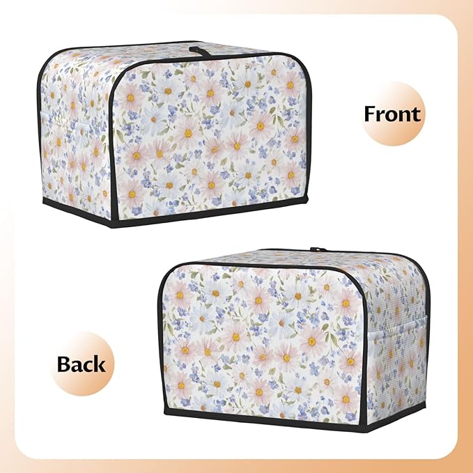 2 Slice Toaster Cover for Kitchen Flower Pastel Floral Waterproof and Dustproof Toaster Dust Cover with Side Pockets Decorative Universal Cover for Wide Slot Toasters and Small Appliances