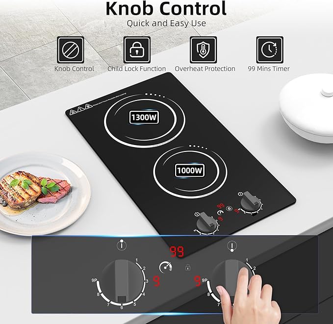 VBGK Double Induction Cooktop,110V 2300W 2 burner induction cooktop,2 burner Hot Plate Electric burner with LCD Touch Screen 9 Levels Settings Child Safety Lock & Timer