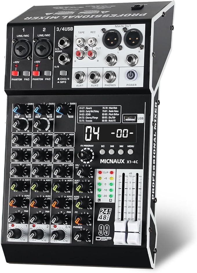 Audio Mixer 4 Channel Professional Sound Mixer Console with 99 DSP Effects, Small Mixing Board DJ Mixer w/USB, Bluetooth, 48V Power Supply, PAD Button for Recording Karaoke PA Drum Live Music