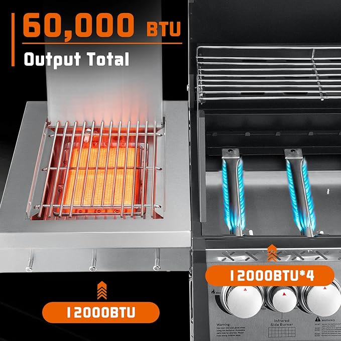 SKOK 4+1 Burners Gas Grill with Infrared Side Burners, Outdoor BBQ Grill with Cast Iron Grates, Barbecue Grill with Wheels, 60,000BTU Output