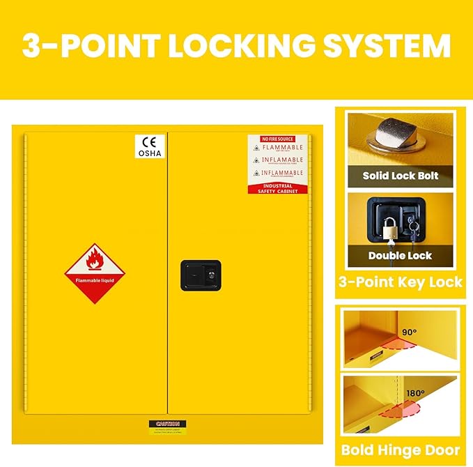 Flammable Safety Cabinet 43" x 18" x 44" Yellow, Cold-Rolled Steel Industrial Explosion Proof Cabinet, Adjustable Shelf & 2 Vent Design for Commercial Garages, Lab & Industrial Facilities