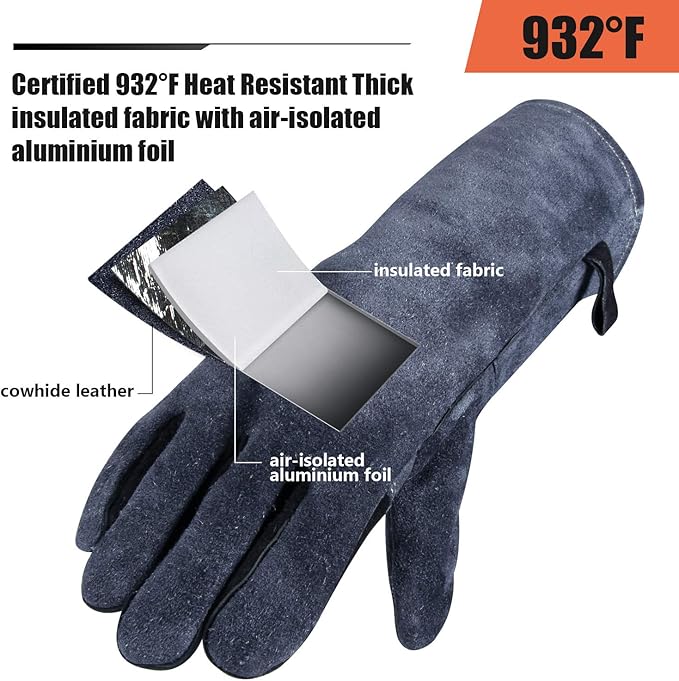 OZERO 932℉ Leather Forge Welding Gloves 14-inch Heat Resistant Grill BBQ Glove with Flame Retardant Long Sleeve and Insulated Lining for Men and Women Gray