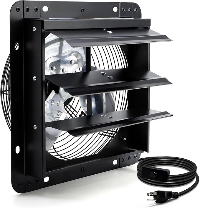 12 Inch Shutter Exhaust Fan, Wall Mount Attic Fan with Power Cord for Greenhouse, Shed, Garage, Barn, Chicken Coop Ventilation, 970 CFM, Black