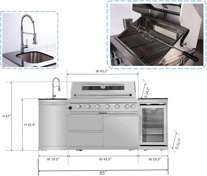 85 Inches 6-Burner 85,000 BTU Deluxe Stainless Steel Propane Gas Grill Outdoor Kitchen Island,Sink,Beverage Refrigerator Storage & Rotisserie Kit for Patio Backyard Cooking,Silver