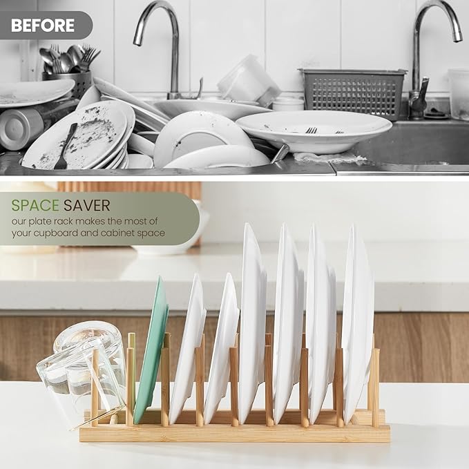 2 Pack Bamboo Wooden Dish Rack-Plate Pot Lid Cutting Board Organizer Holder Rack for Cabinet-Kitchen Cabinet Organizer for Dish, Pots, Lids, Bowls, Bottles, Books, and Puzzle