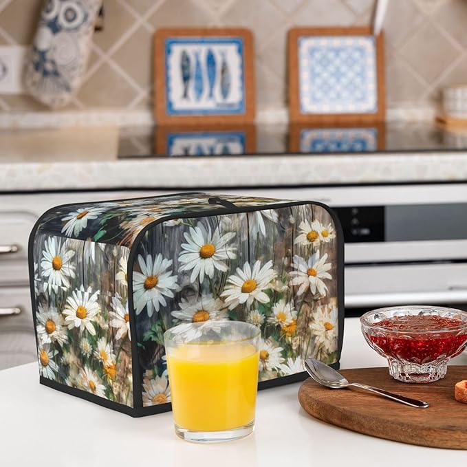 Toaster Cover 2 Slice with Pockets, Farmhouse White Daisy Nature Botanical Plant Wooden Board Kitchen Accessories Decor Bread Maker Oven Protector Covers Dust Proof Fingerprint Covers