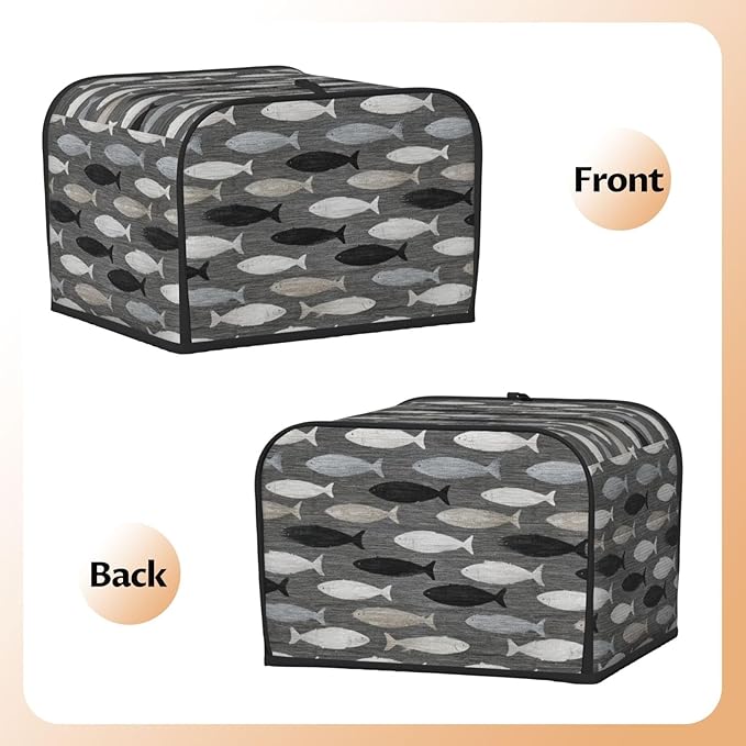 4 Slice Toaster Cover for Kitchen Gray Fish Pattern Waterproof and Dustproof Oxford Fabric Toaster Dust Cover with Side Pockets Decorative Universal Cover for Wide Slot Toasters and Small Appliances