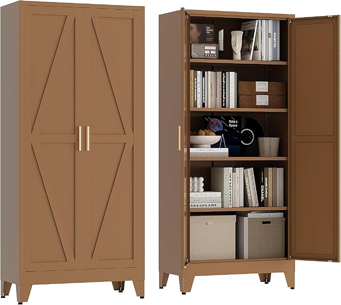 71" Tall Pantry Cabinet, White Metal Pantry Storage Cabinet, Kitchen Pantry Storage Cabinets with 2 Door and 4 Adjustable Shelves (Brown, 71" H)