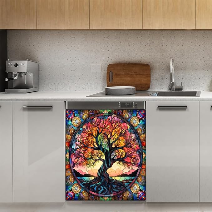 Tree of Life Dishwasher Magnet Cover Tree of Life Glass Dishwasher Decorative Cover Front Dishwasher Door Cover Reuseable Dishwasher Cover for Kitchen Refrigerator Home Appliances 23" X 26"
