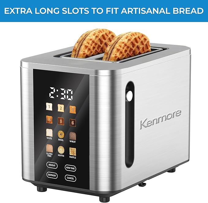 Kenmore 2-Slice Toaster - Color Touch Screen & 6 Shade Settings, Extra Wide Slots, Digital Countdown Timer, Customizable Smart Presets, Reheat, Defrost, Add Time Functions, Stainless Steel