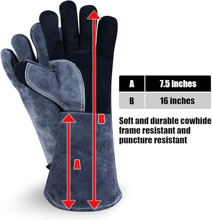 OZERO 932℉ Grill BBQ Gloves 16-inch Heat Resistant Leather Forge Welding Glove with Flame Retardant Long Sleeve and Insulated Lining for Men and Women Black-gray