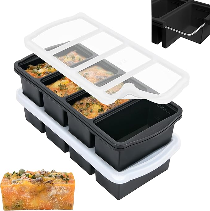 Silicone Freezer Trays with Lid,1-cup Soup Freezer Container large Ice Cube Molds with Reinforced Steel Ring Top for freezing Soup Sauce Broth Leftovers oven Dishwasher -Safe(2-Pack)
