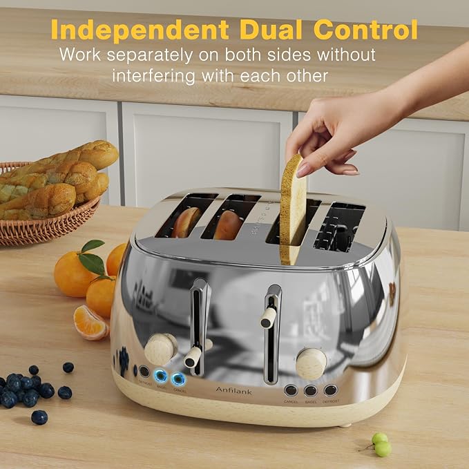 Toaster 4 Slice,Retro Stainless Steel Toaster with Extra Wide Slots, Dual Independent Control Panel, Cancel, Bagel, Defrost Function, Removable Crumb Tray (Silver)
