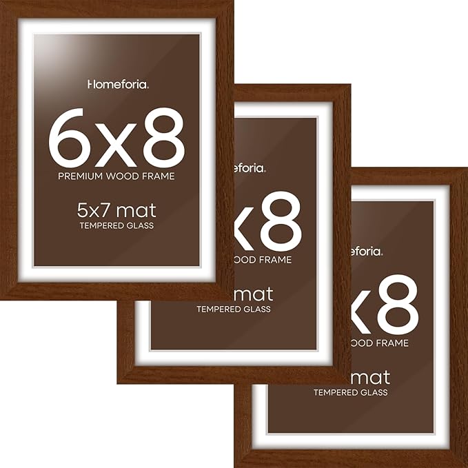 Homeforia 6x8 Picture Frame Brown Wood, High End Dark Oak 6x8 Walnut Wooden Frames with Mat 5x7 Photo, 6 x 8 Frame Matted to 5 x 7 Print, 8x6 Wall or Tabletop Frame, Tempered Glass, Wall Kit, Set of 3