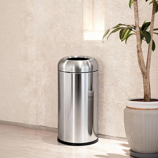 WICHEMI 16 Gallon Commercial Large Trash Can, Bullet Outdoor Trash Bin with Open Top Lid, Brushed Stainless Steel Garbage Can, Bright Silver