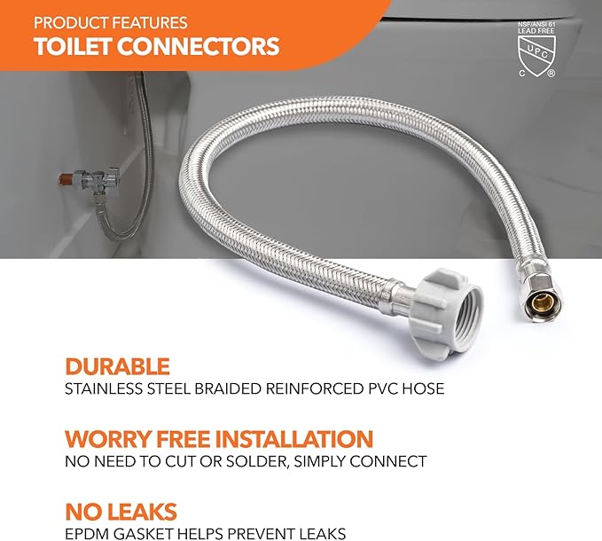 Stainless Steel Braided Water Connectors with Reinforced PVC Inner Hose for Toilets, 3/8" Compression x 7/8" Ballcock, 16" Length (5Pack)