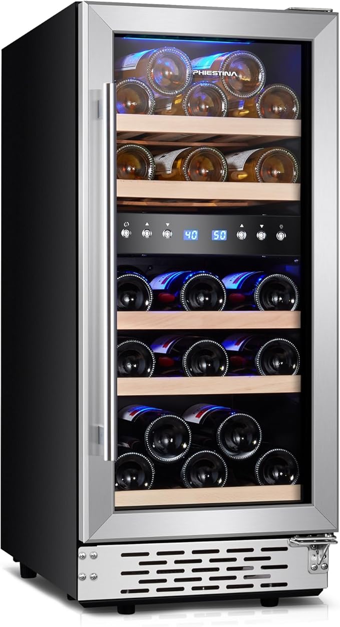 Phiestina 29 Bottles Wine Fridge, 15 Inch Dual Zone Wine Cooler Refrigerator Under Counter Cooling with Digital Memory, Auto Defrost Built-in/Freestanding