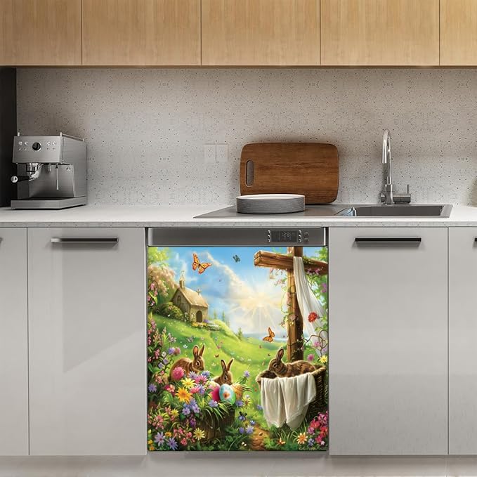 Easter Bunny Cross Meadow Sun Dishwasher Magnet Cover, Reusable Refrigerator Panel Stickers Microwave Front Door Covers Magnets for Kitchen Home Appliances Holiday Party Decorations 23 X 26 in