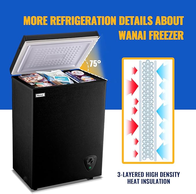 Chest Freezer WANAI 3.5 Cubic Deep Freezer with Top Open Door and Removable Storage Basket, 7 Gears Temperature Control, Ideal for Office Dorm or Apartment, Black