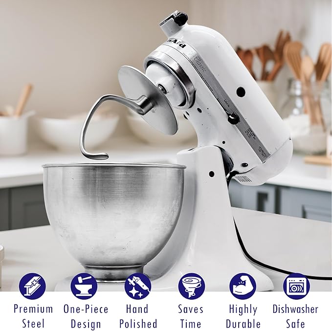 Anti-Climb Stainless Steel Dough Hook for KitchenAid 4.5-5 Qt Tilt-Head Mixers, with 5.1" Shield to Stop Dough Climbing, Replaces K45DH