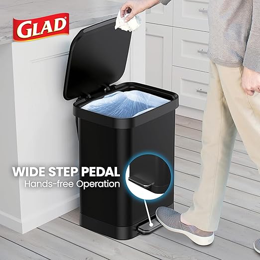 Glad Stainless Steel Step Trash Can, Series 2 with Clorox Protection - Large Black Kitchen Garbage Bin with Soft Close Lid, Foot Pedal and Waste Bag Roll Holder, 13 Gallon
