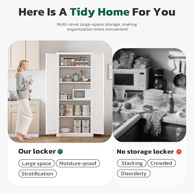 Greenvelly Metal Cabinet, 63" H White Metal Storage Cabinet with Doors and 4 Shelves, Pantry Storage Cabinet for Kitchen, Bedroom, Living Room, Office (Modern)