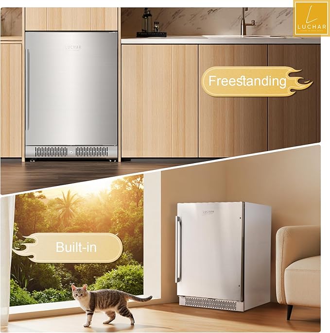 24 Inch Outdoor Beverage Refrigerator Cooler, Stainless Steel Beverage Fridge for 164 Cans, Built-in Counter or Freestanding 3-Color LED Light Beer and Drink Fridge for Bar Home Office