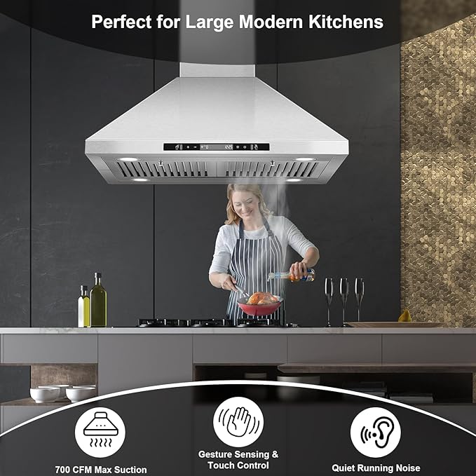 30" Island Range Hood 700 CFM Ceiling Mount Kitchen Vent Hood with Gesture/Touch Control, 3-Speed Fan & 4 LED Lights, Convertible Ductless/Duct, Stainless Steel Baffle Filters,Time Setting