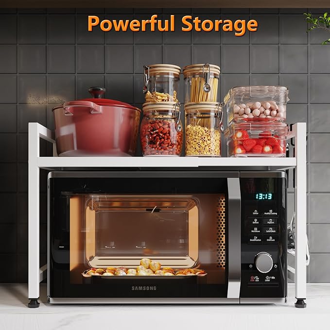 Extendable Microwave Oven Stand, Adjustable Microwave Rack Toaster Shelf, Heavy Duty Rack 2 Tier Kitchen Counter Top Organizer with 7 Hooks for Kitchen
