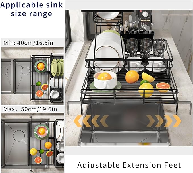 MIKEE 2-Tier Dish Drying Rack for Kitchen Counter, Expandable Rustproof Dish Drainer - Over The Sink Dish Drying Rack with 360° Rotating Drain, Kitchen Utensil Holder, Home and Kitchen Organization