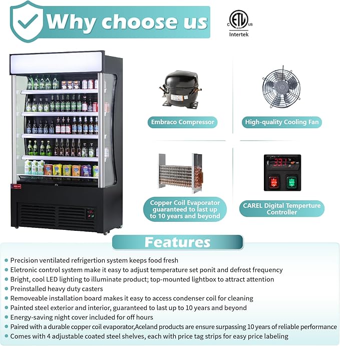 WESTLAKE Commercial Refrigerator Open Air Merchandiser with Night Curtain 24 Cu.ft 45.7” W 25.6" D Upright Fan Cooling Display Cooler for Stores, Supermarkets, Bar, Shops, etc