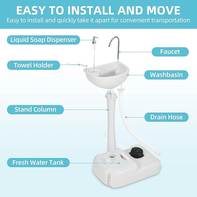 YITAMOTOR Portable Sink 17L Camping Hand Washing Station with Wash Basin Stand and Carry Bag, Wheels, Towel Holder, Soap Dispenser, for Outdoor, Travel, Boat, Gather, Worksite, Garden