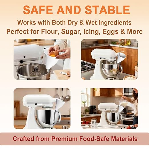 2Pcs White Flour Funnel for Kitchen Aid Mixer, Flour Funnel Accessories for Kitchen Aid Artisan KSM150 5-Quart Tilt-Head Stand Mixer,Plastic Powder Funnels with Easy-Pour, Prevents Spills and Messes