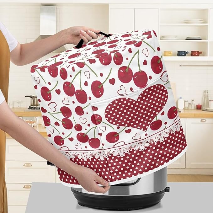 TODIYADDU Red Love Heart Air Fryer Cover for 3 Quart Instant Pot Cherry Fruit Print Kitchen Appliance Dust Cover with Pocket Lightweight Round Protective Cover for Rice Cooker Coffee Maker