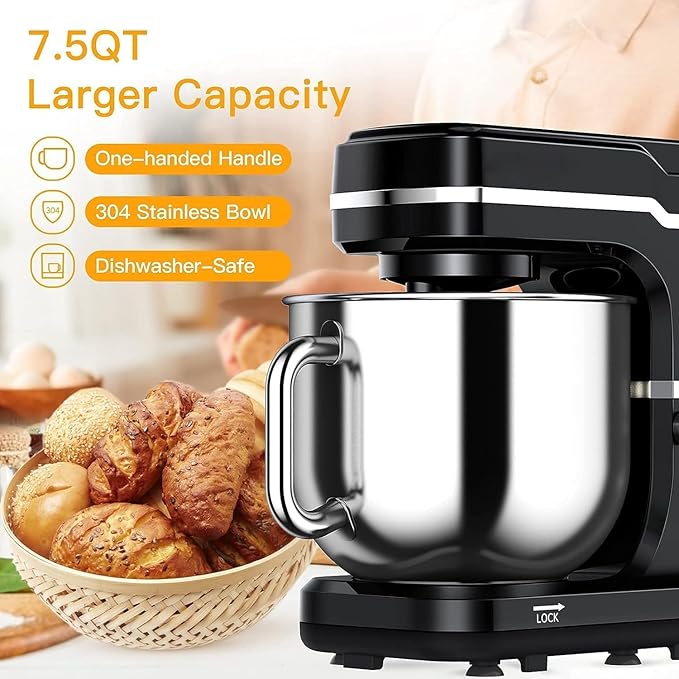 7.5QT Stand Mixer, 660W Powerful Electric Dough Mixer, 10-Speed Tilt-Head Kitchen Mixer with Stainless Steel Bowl, Whisk, Dough Hook, Beater, Splash Guard, Easy Clean, for Baking & Cooking