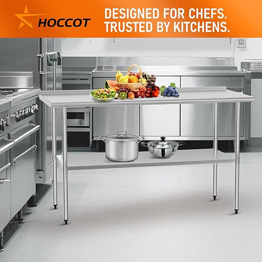 HOCCOT Stainless Steel Table 24" x 60" with Adjustable Undershelf and Backsplash, Commercial Metal Workstations for Kitchen, Garage, Outdoor BBQ