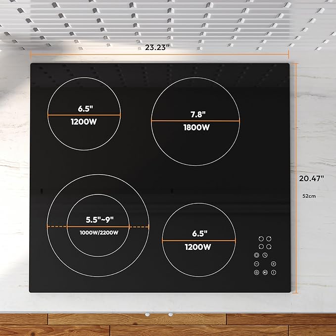 Empava 24 Inch Electric Stove Cooktop 4 Burners, Dual-Ring Zone, Timer, Child Lock, Stop & Go, Built-in Design, 208~240V Hard Wired (No Plug)