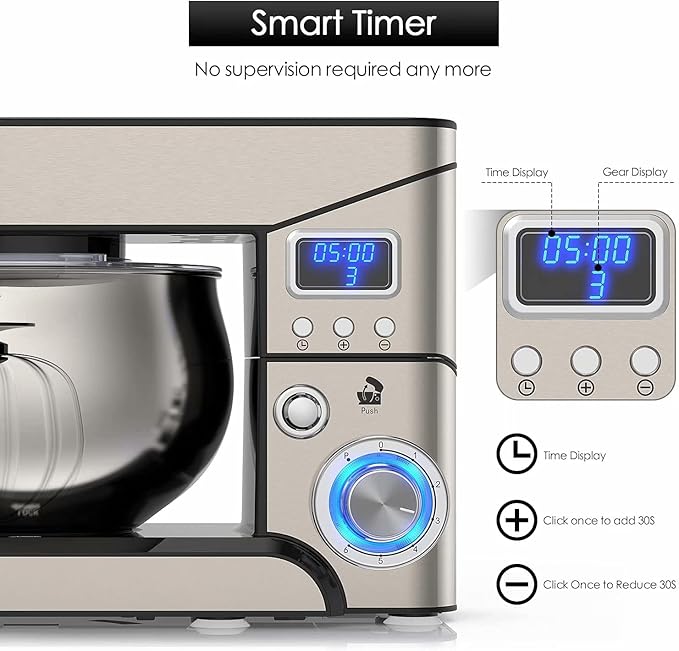 Stand Mixer, Stainless Steel Mixer 5.3-QT LCD Display Food Mixer, 6+P Speed itchen Electric Mixer Tilt-Head Mixer with Stainless Steel Bowl, Dough Hook, Beater, Whisk