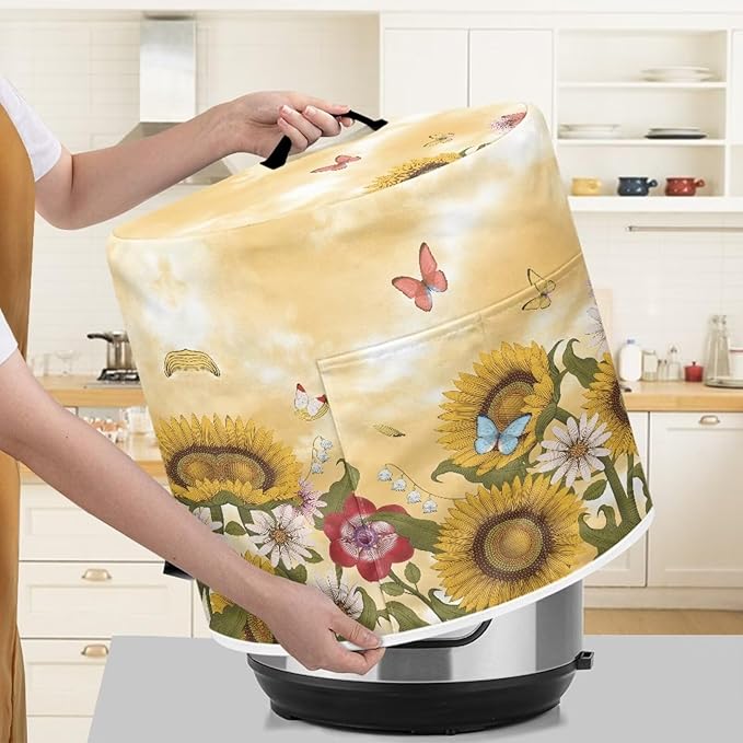 Flashideas Sunflower Butterfly Pressure Cooker Cover for Women Dust Protection Insulated Rice Cooker Cover with Easy to Clean Lining Dust Cover with Pockets for Instant Pot 6 Quart Appliance Cover
