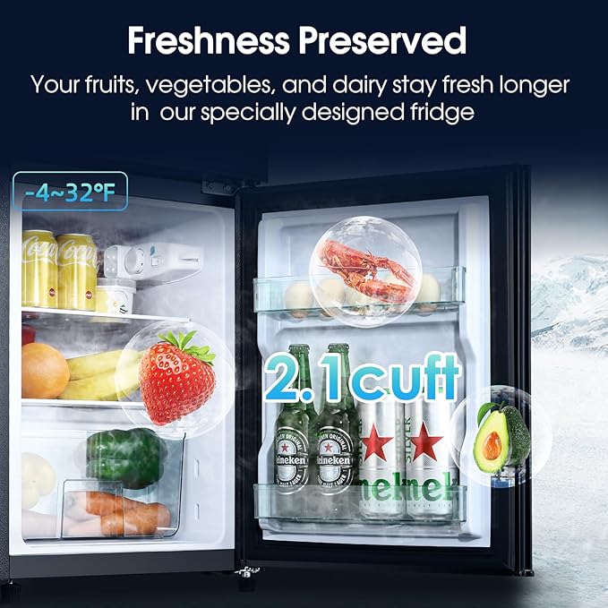 3.2 Cu.Ft Fridge with Freezer, Double Door Refrigerator with Freezer, Temperature Control, Adjustable Shelves, Fridge for Office, Bedroom, Dorm, Garage, RV