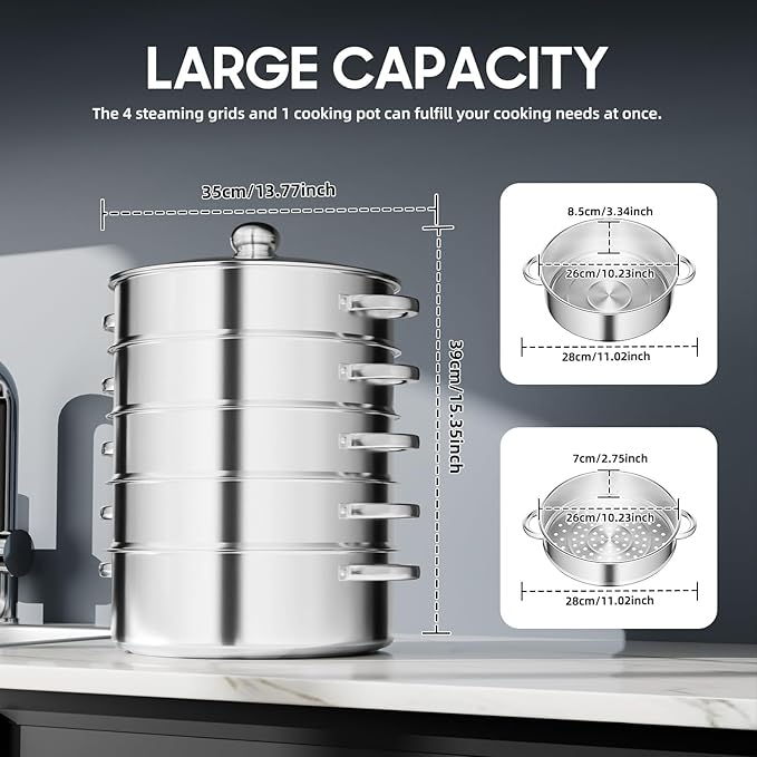 Steamer 28cm/11.02in, 5-tier Stainless Steel Steam Cooker w/Clear Glass Lid & Handles, Home Round Stackable Multipurpose Steam Pot for All Stoves, 13.77 * 15.35in (1xBottom Pot, 4xSteaming Baskets)